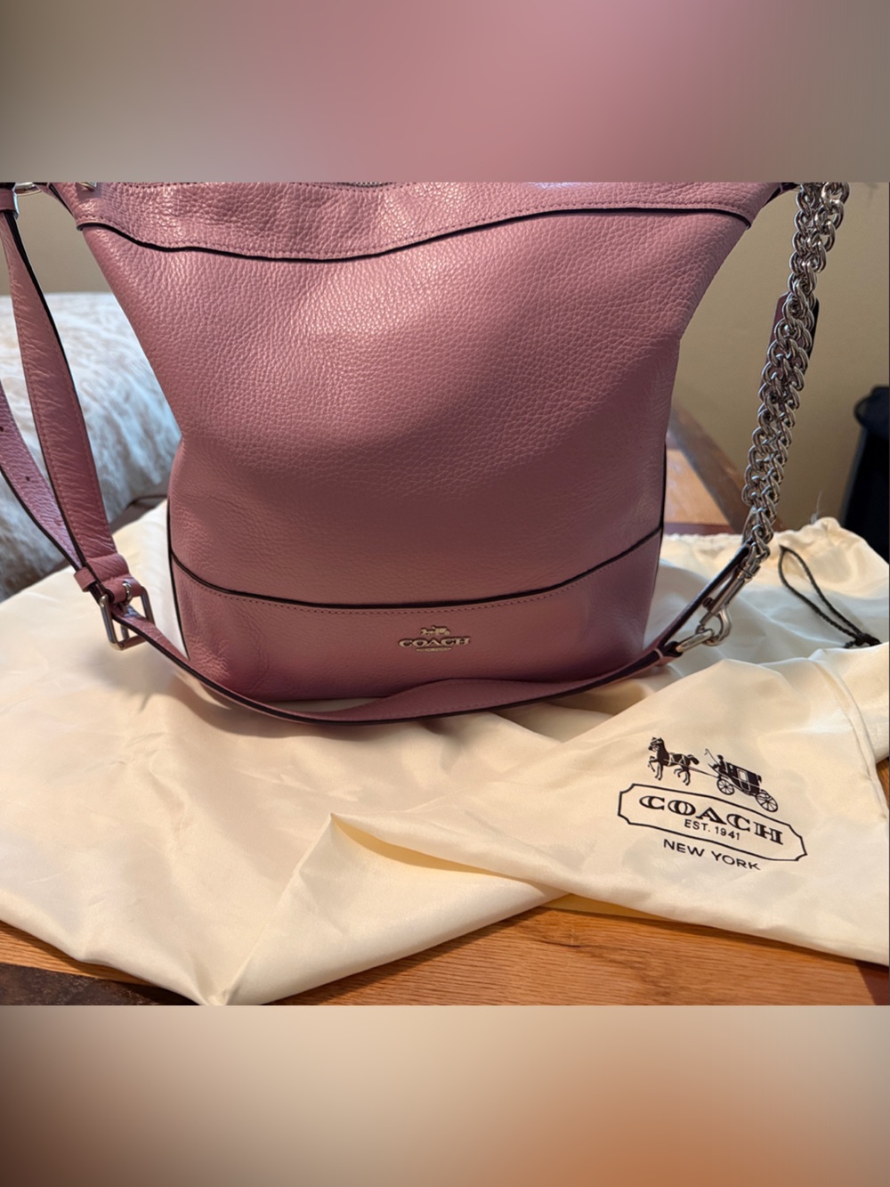 Coach Pebbled Shoulder Bag in Dusty Rose with Silver Chain